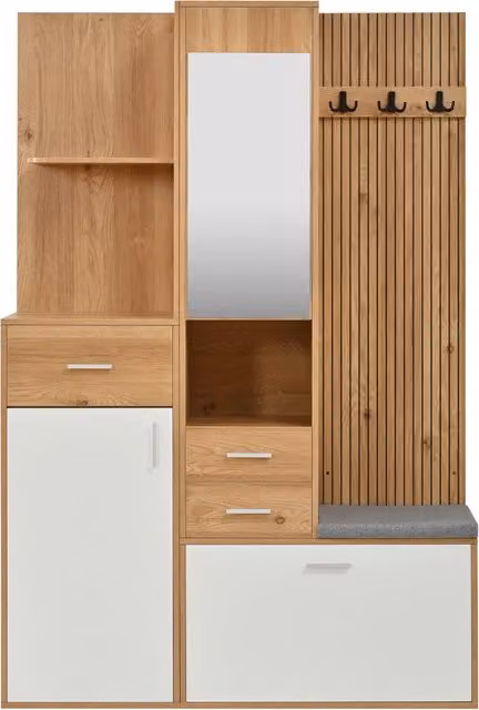 Guardaroba da ingresso multifunzione Chicfurn con specchio, panca e illuminazione LED con app, colore bianco, L: 120 cm, P: 32 cm, H: 178 cm