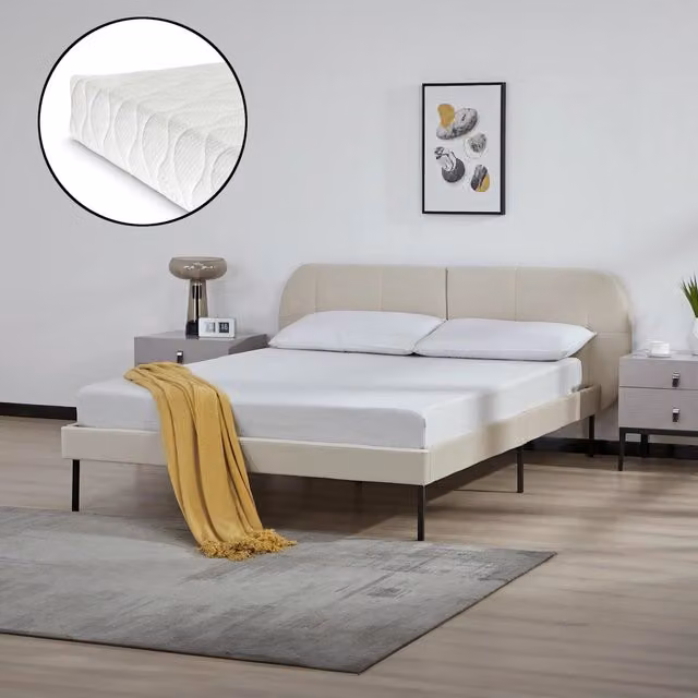 Letto Francese Porvoo en.casa con Testiera e Materasso in Velluto Beige, L/P/H: 140 x 200 x 83 cm