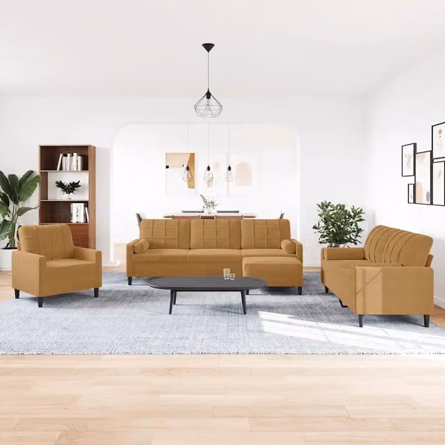 Set di divani moderno vidaXL in velluto marrone composto da divano a 3 posti, divano a 2 posti, pouf e cuscini con struttura in metallo