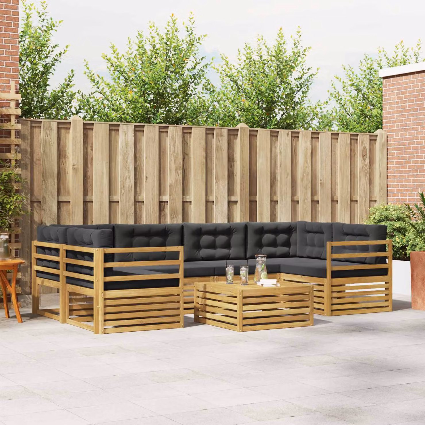 Set di divani da esterno vidaXL 7 pezzi a forma di U in legno di acacia con cuscini, bianco e antracite