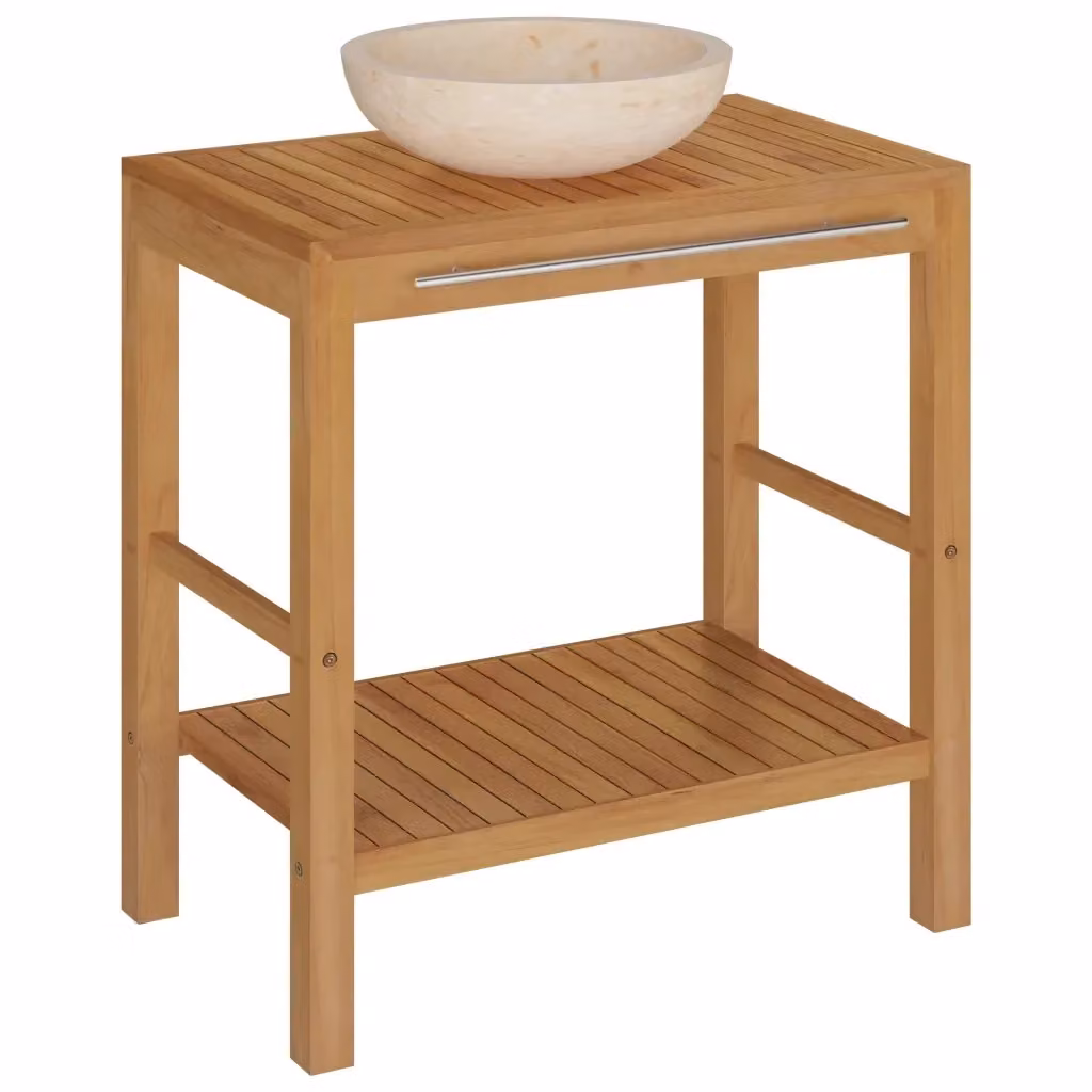 vidaXL Armadietto da Bagno Moderno in Legno di Teak e Pietra, Beige e Marrone – 2