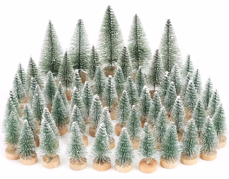 Mini decorazioni natalizie, 60 pezzi, verde artificiale con base in legno, dimensioni 8,5/6,5/4,5 cm
