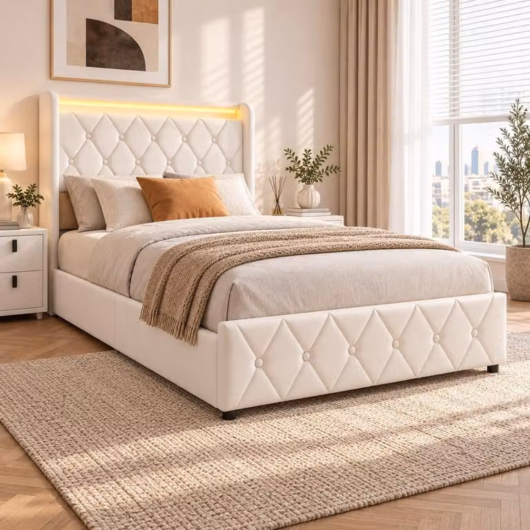 Letto imbottito INONEFT, 90x200 cm, con LED e USB, letto per ragazzi con spazio contenitore a sollevamento idraulico, struttura letto singola con contenitore e rete a doghe, in velluto, color beige