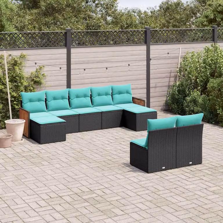 Set Divani da Giardino vidaXL 9 pz in Polyrattan e Legno di Acacia con Cuscini Blu e Nero a Forma di U