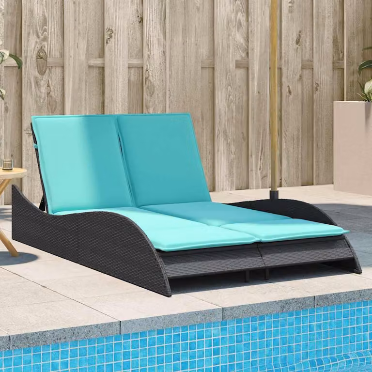 Lettino prendisole vidaXL in polyrattan nero con cuscini turchesi e poggiatesta regolabile L: 114 cm, P: 205 cm, H: 73 cm