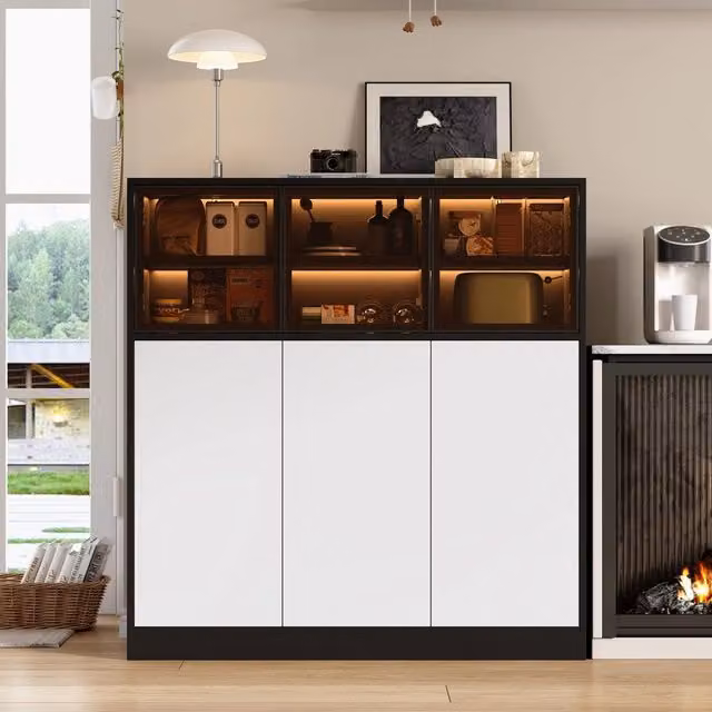 Credenza con 6 ante e 14 vani illuminazione LED in vetro e pannello truciolare bianco e nero 100 × 40 × 105 cm