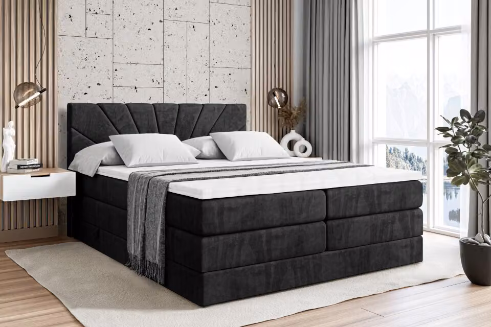 Letto boxspring ALTDECOR con 2 materassi e topper - 120x200 cm - MILTIO KING - Velluto nero - Letto imbottito con materassi H3 e H4, contenitore e rete a doghe, letto con spazio contenitivo