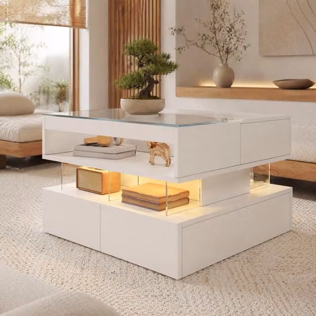 Tavolino basso alzabile Mivray con piano in vetro trasparente e illuminazione LED, colore bianco, L: 70 cm, P: 67 cm, H: 57 cm