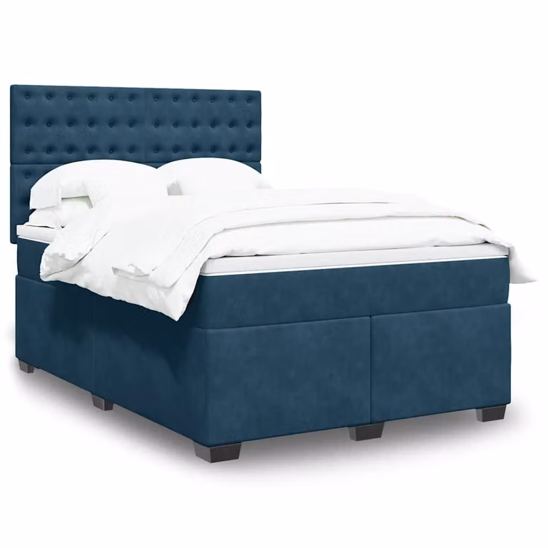 vidaXL Giroletto a Molle con Materasso Ibrido in Velluto Blu e Bianco L/P/H: 160 x 200 cm
