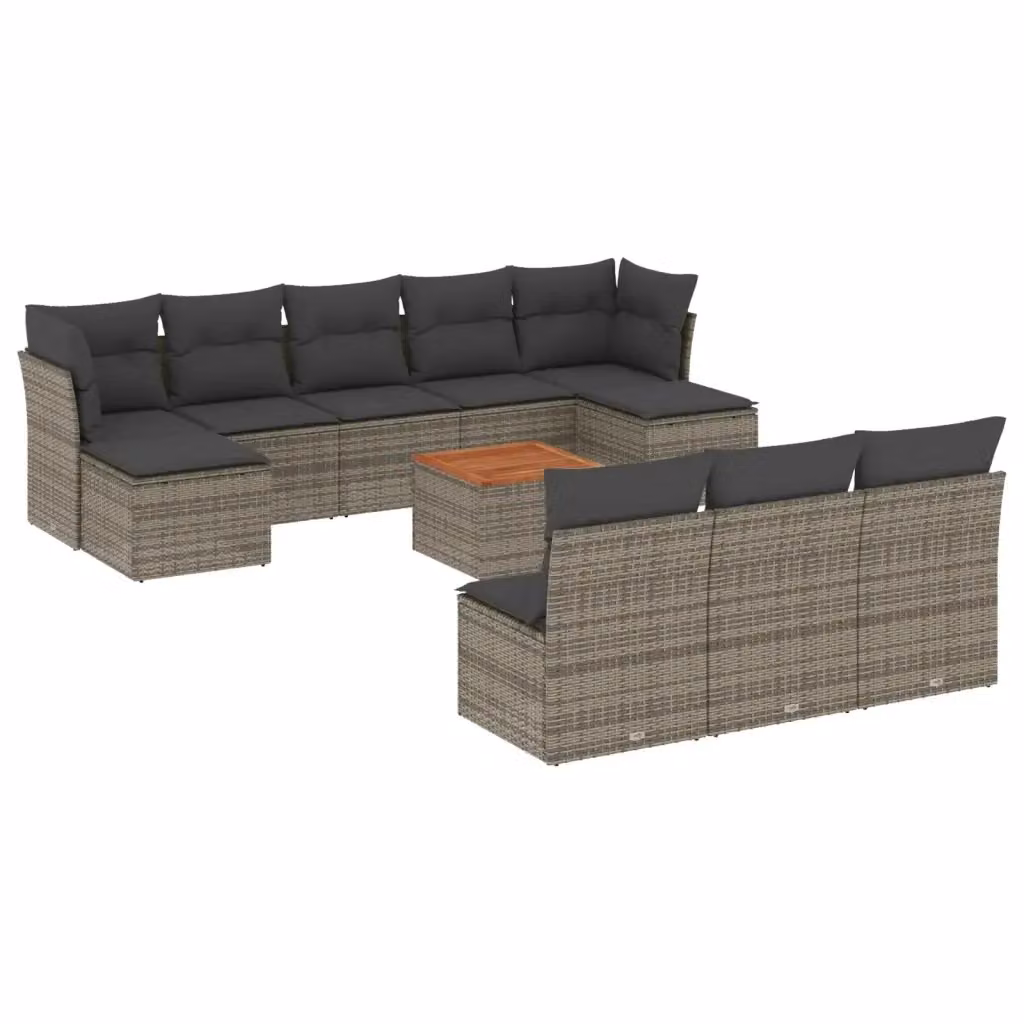 vidaXL Set Divani da Giardino 11 pz in Polyrattan Grigio con Cuscini e Tavolino da Esterno – 2
