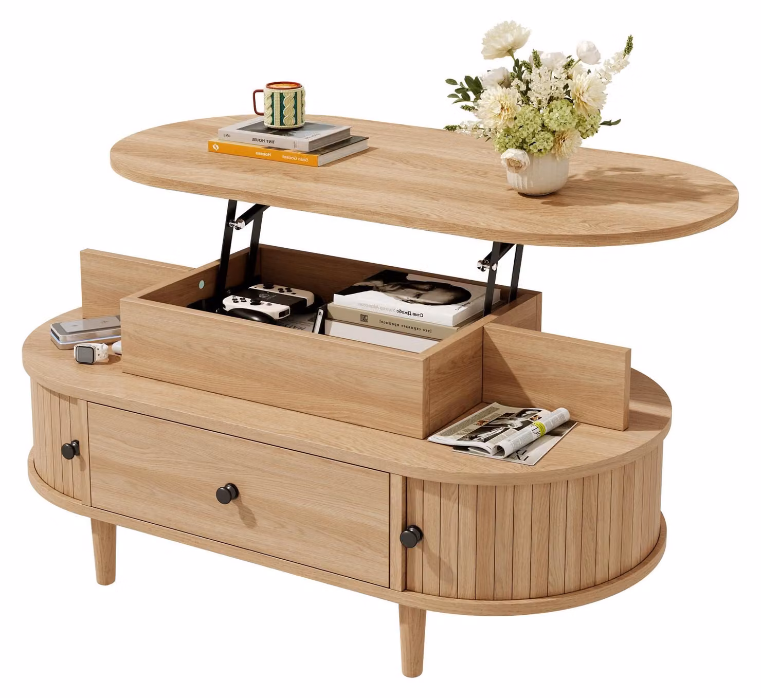 Tavolino ovale Moonbite con spazio contenitivo, dimensioni 105 x 50 cm, dotato di piano regolabile idraulicamente, vani aperti e ante scorrevoli, realizzato in pannello MDF, finitura naturale