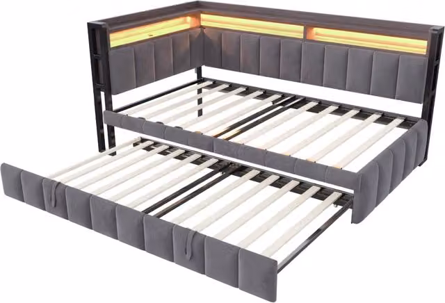 Letto singolo estraibile moderno in tessuto grigio con illuminazione LED, ripiani e porte USB e Type-C, L/P/H: 90 x 200 x 101,5 cm – 1