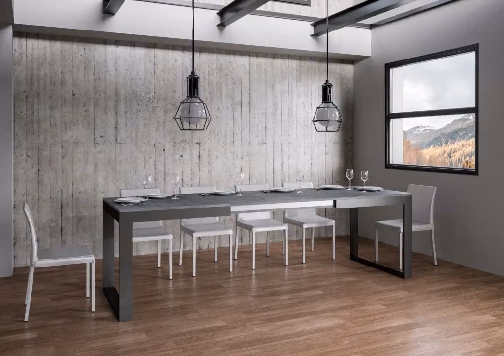 Tavolo allungabile moderno Itamoby con piano in composito effetto cemento e telaio in metallo antracite L: 90 cm, P: 180-440 cm – 2