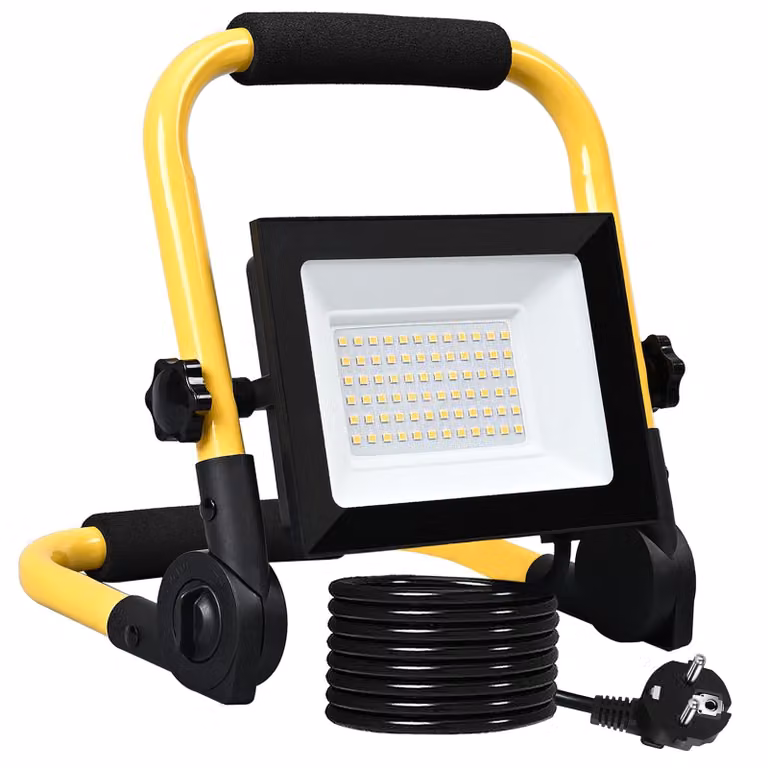 Lampada da lavoro a LED, 50 W, 4300 lumen, luce bianco caldo, estremamente luminosa, 3000 K, con spina e cavo di alimentazione da 3 metri, grado di protezione IP66