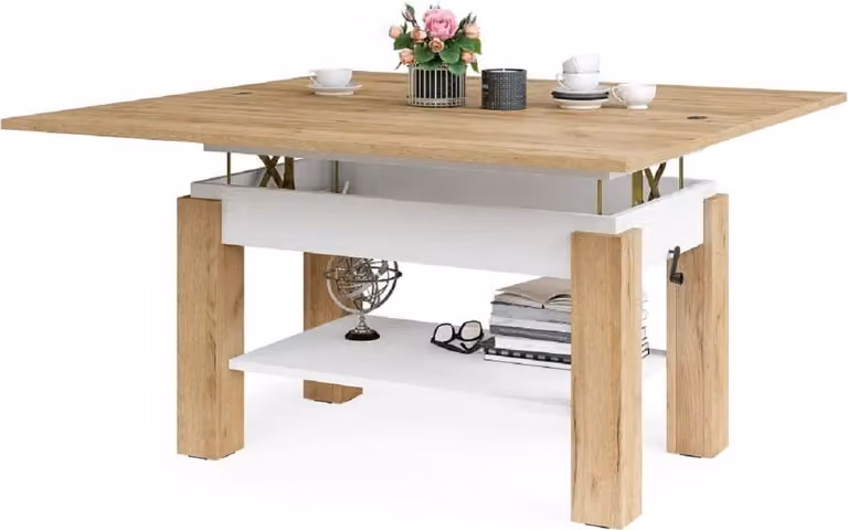 All4All Tavolino da caffè Bresso Gold Craft Oak+White, 130x65 , Tavolo da soggiorno , Tavolo pieghevole , Tavolino da caffè regolabile in altezza, , Tavolo da divano con vano portaoggetti