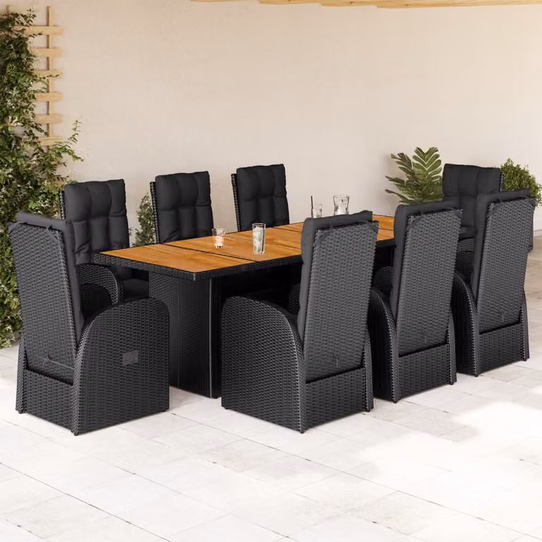 Set da pranzo da giardino vidaXL in polyrattan e legno di acacia nero con 9 pezzi e cuscini