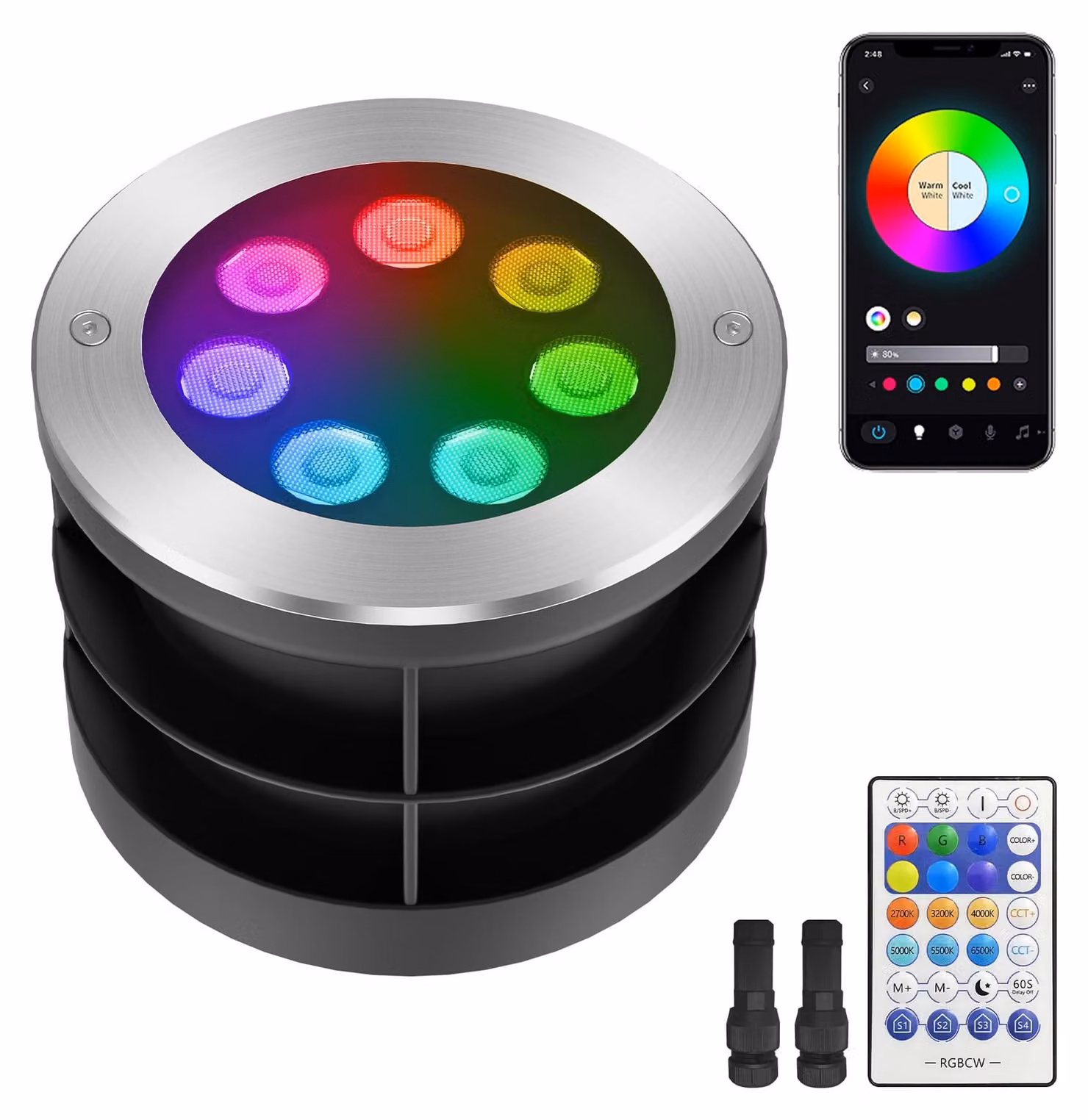 Faretto LED da incasso per esterni, multicolore, con Bluetooth, portata 16 metri, tecnologia RGBCW, temperatura di colore regolabile da 2700 a 6500 K, grado di protezione IP67