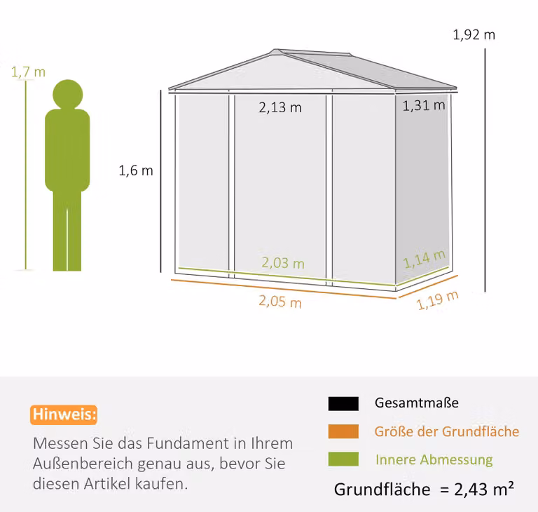 Outsunny Capanno per attrezzi in acciaio zincato 2,43㎡ 213x131x192cm Capanno per attrezzi Grigio