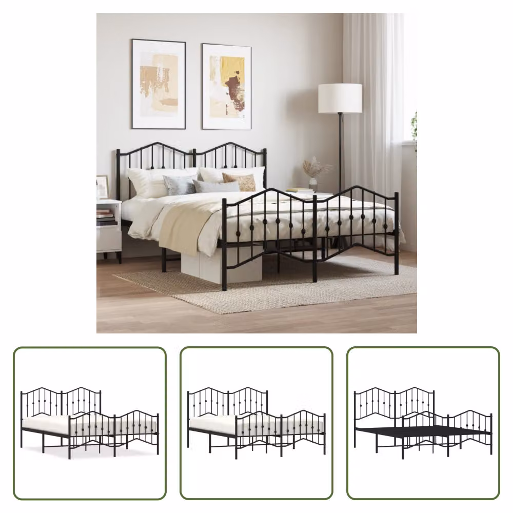 The Living Store Struttura letto con testiera e pediera in metallo nero 150x200 cm