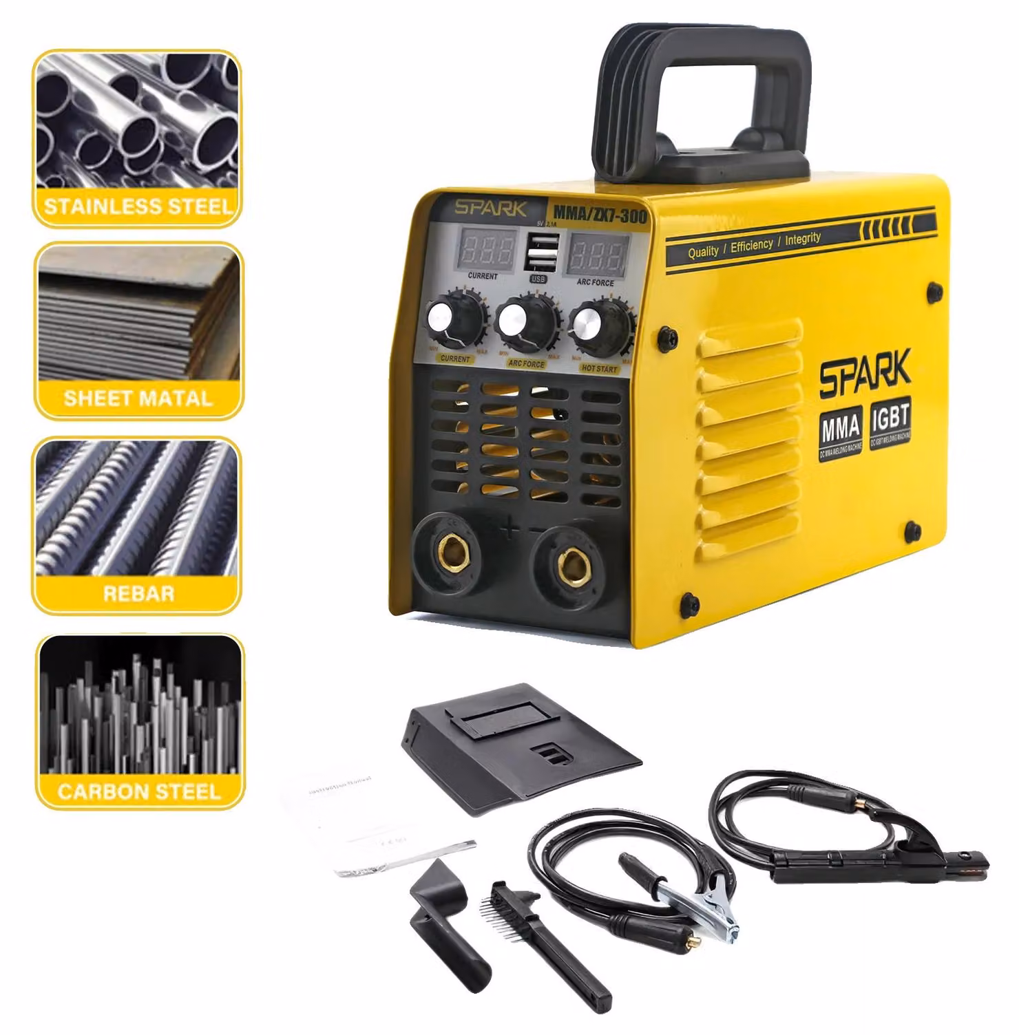 Saldatrice MMA, design compatto, display LCD chiaro, colore giallo, modello MMA-250