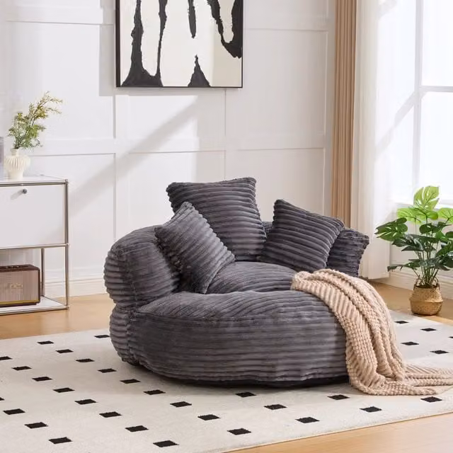 Poltrona sacco OKWISH in velluto a coste con schienale alto e braccioli per soggiorno e camera da letto, grigio, L: 108 cm, P: 108 cm, H: 52 cm