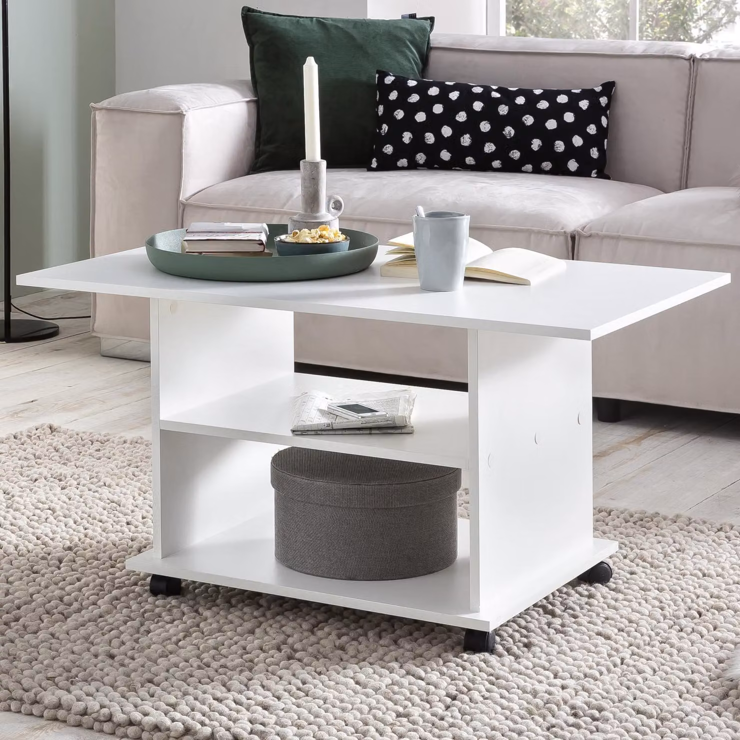 Tavolo di design FineBuy con ruote 95x51x54,5 cm | Soggiorno moderno con contenitore | Tavolo da divano Tavolo da salotto