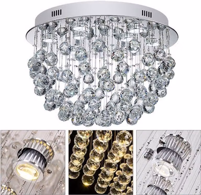 Lampada a sospensione in cristallo - 9 portalampade - Acciaio inossidabile e cristallo K9 - Illuminazione per interni