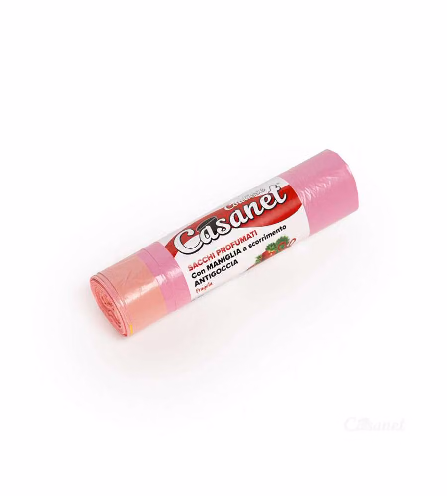 15 sacchi per la spazzatura rosa con maniglia e profumo Fragola 55 x 65 cm
