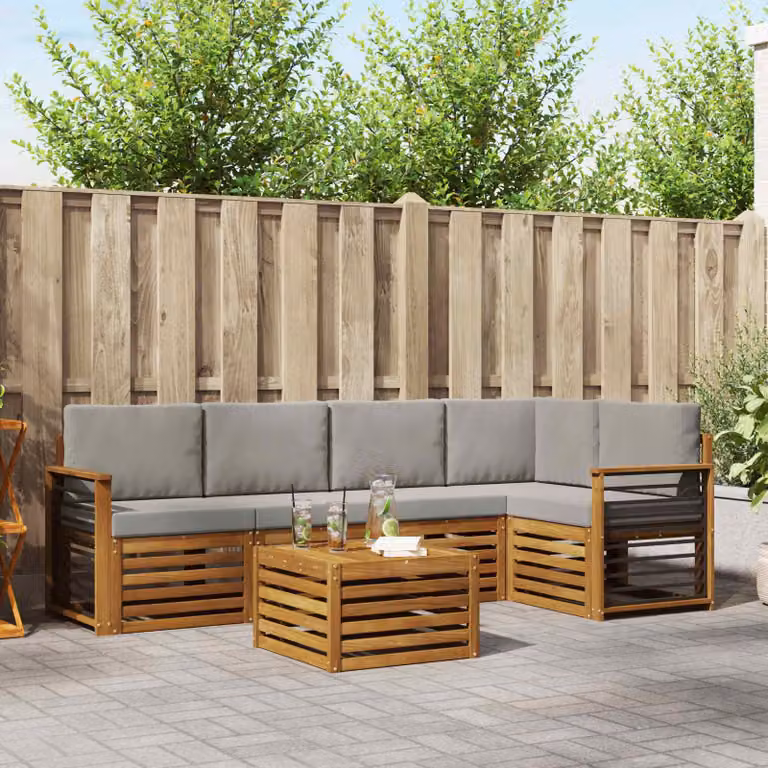 Set di divani da esterno vidaXL 6 pz in legno di acacia con tavolo da caffè e cuscini, forma a L, Grigio e Bianco