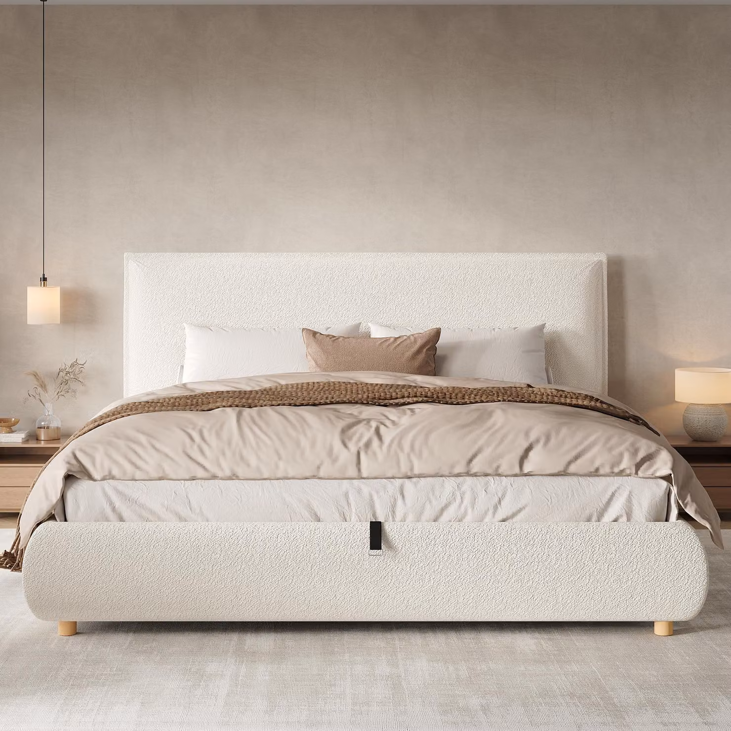 Letto matrimoniale imbottito in velluto crema - 180x200 cm - Con regolazione idraulica