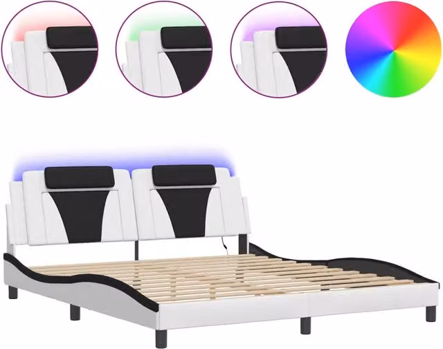 Letto matrimoniale | Letto per adulti | Giroletto Viana con LED senza Materasso Bianco e Nero 180x200 cm