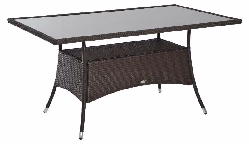 Tavolo da giardino in rattan sintetico con piano in vetro temperato | Colore: marrone e nero | Dimensioni: 85x150x74 cm