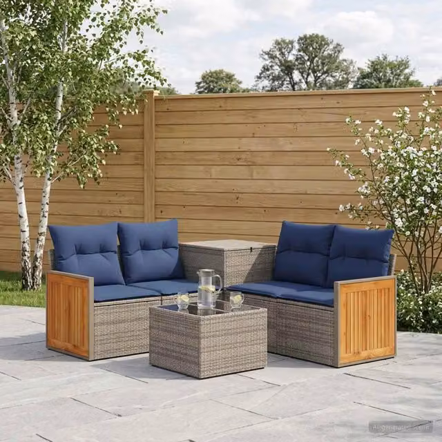 Set di divani da giardino vidaXL 6 pezzi in rattan sintetico e metallo con cuscini grigi e blu navy