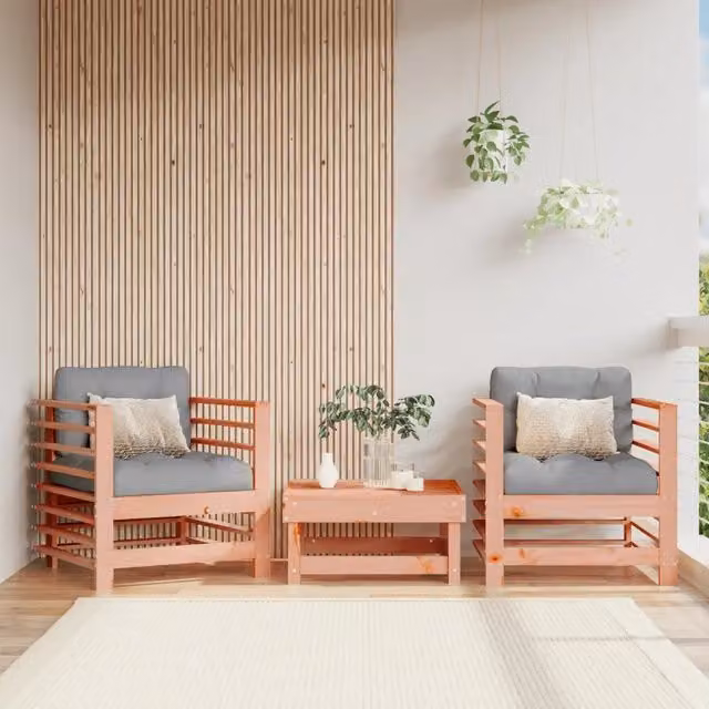Set di 2 sedie da giardino vidaXL in legno di Douglas con cuscini grigi e braccioli – 1