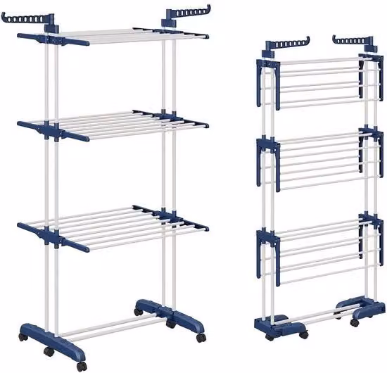Droogrek 3-laag, pieghevole con 2 ali rotanti, altezza 178 cm, piedi pieghevoli, asciugamani 3 livelli con ruote per appartamento, balcone e giardino (blu/bianco)