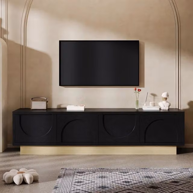 Mobile TV nero con 4 ante push to open e gestione dei cavi in MDF con base effetto legno 175 × 40 × 41;5 cm