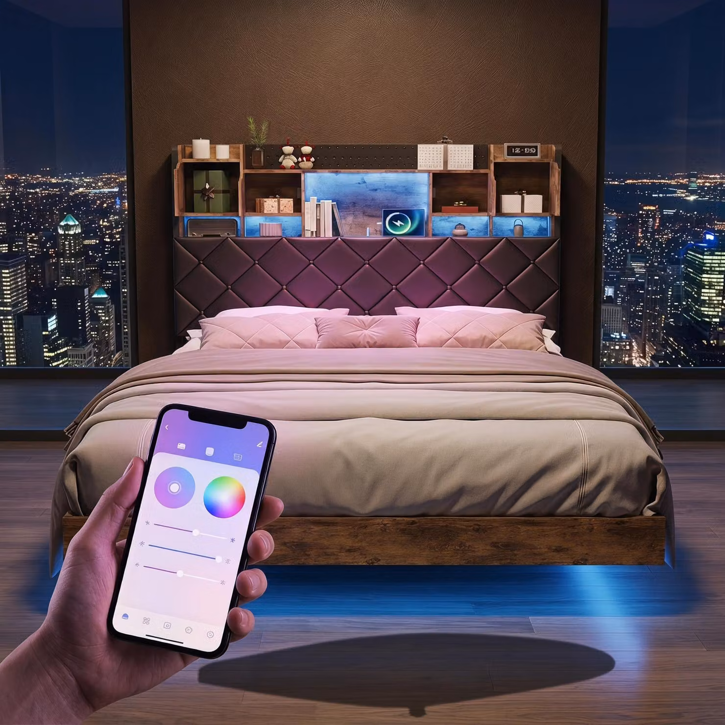 INONEFT Letto sospeso 140x200 cm con LED RGB, letto imbottito con testiera contenitore e prese USB-C e di corrente, struttura letto in metallo con rete a doghe, rivestito in PU
