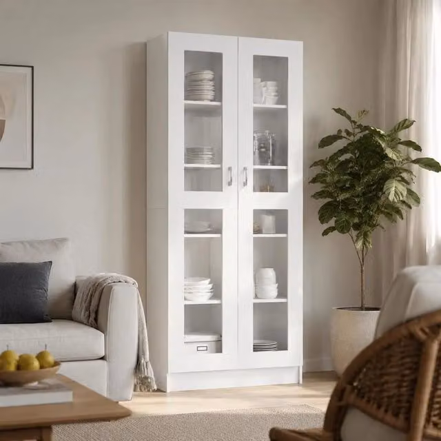 White Display Cabinet, 82.5x30.5x185 Cm, Made Of Engineered Wood