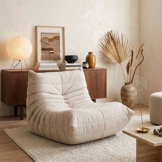 Poltrona bassa imbottita Kodsø en.casa con rivestimento in chenille beige L 75 cm, P 90 cm, H 100 cm – 1