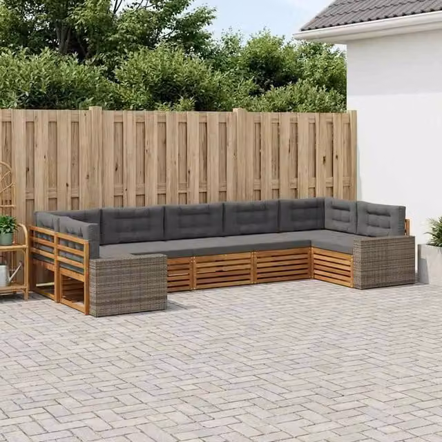 Set di divani da esterno a forma di U vidaXL in legno di acacia con cuscini, colore Antracite e Naturale