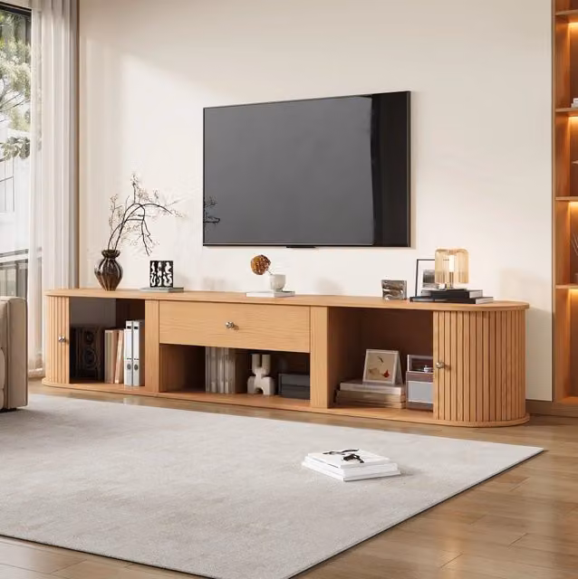 Mobile TV 180x40x40 cm per TV fino a 75 pollici; con 2 ante a serranda; cassetto; rovere naturale