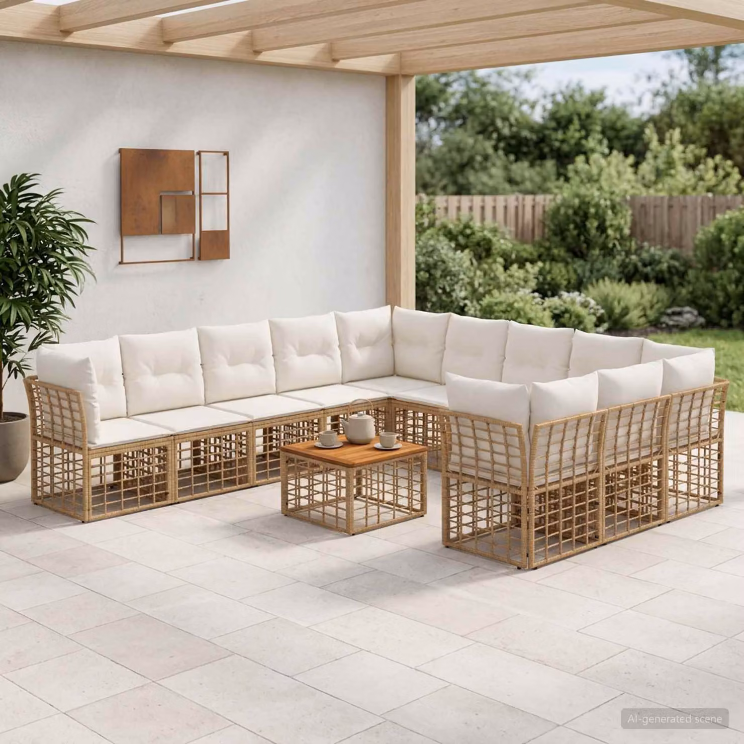 vidaXL Set di divani da esterno 12 posti a forma di U con tavolino, colore beige, bianco e marrone