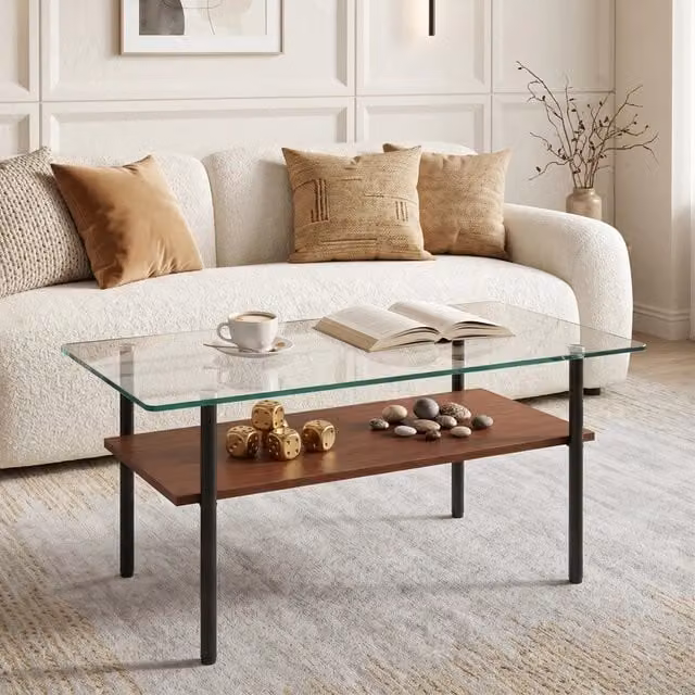 Tavolino da Salotto Moderno Rettangolare, Piano in Vetro e Ripiano MDF, Struttura in Metallo, 2 Livelli con Spazio Contenitore, Nero/Legno, H45xL98xP58 cm