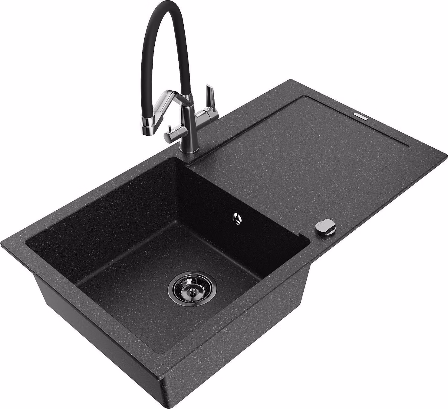 Mexen Leo lavello in granito 1 vasca con scolapiatti e miscelatore Duo, nero/metallo argento - 6501-73-671701-07-B