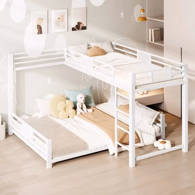 Letto a castello a L 90×200 cm e 140×200 cm, 3 posti, con barriere di sicurezza, senza materasso, metallo bianco