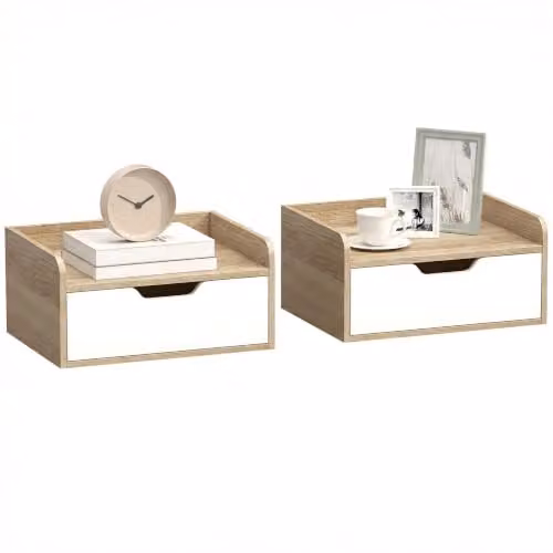 HOMCOM 2 Comodini da Parete Moderni Bianco Legno Naturale
