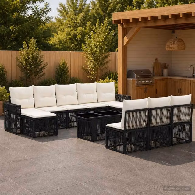 Set Divano da Giardino 11 Pezzi vidaXL in Polyrattan Nero e Bianco Crema con Tavolino, Elementi Angolari, Ottoman e Cuscini Imbottiti