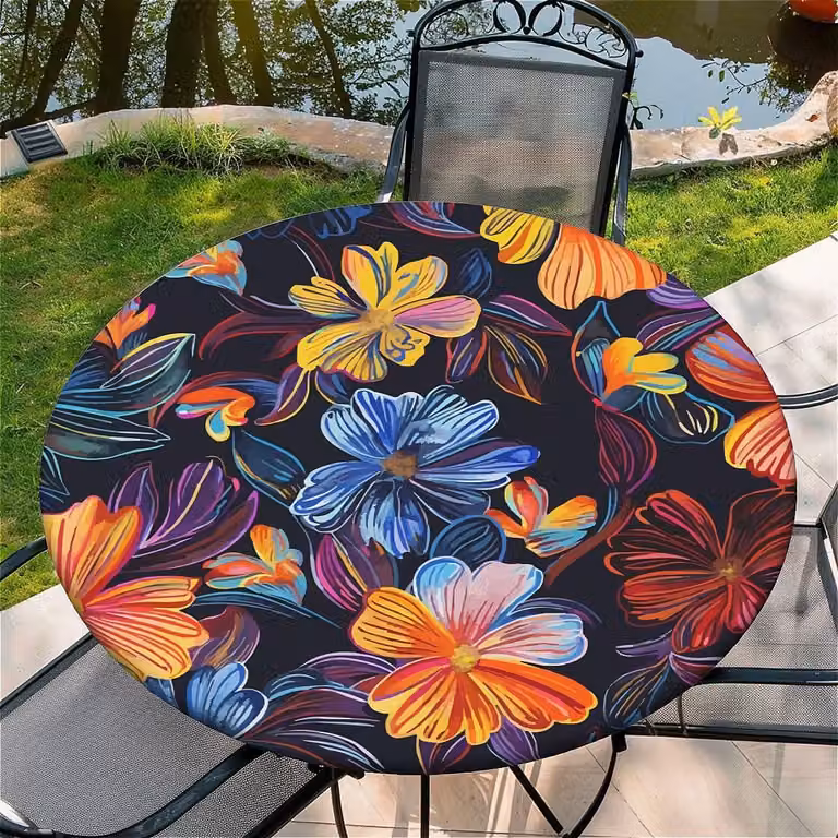 Tovaglia rotonda per esterni, elasticizzata, diametro 110 cm, motivo floreale di ibisco, ideale per tavoli da giardino