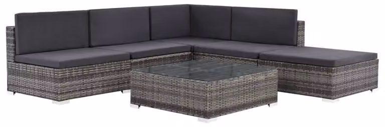 set 6 pezzi da giardino con cuscini in poly rattan grigio
