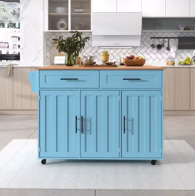 Carrello cucina multifunzionale con ripiano pieghevole, cassetti grandi e struttura in legno massello, 129x71x91,5 cm, colore blu chiaro